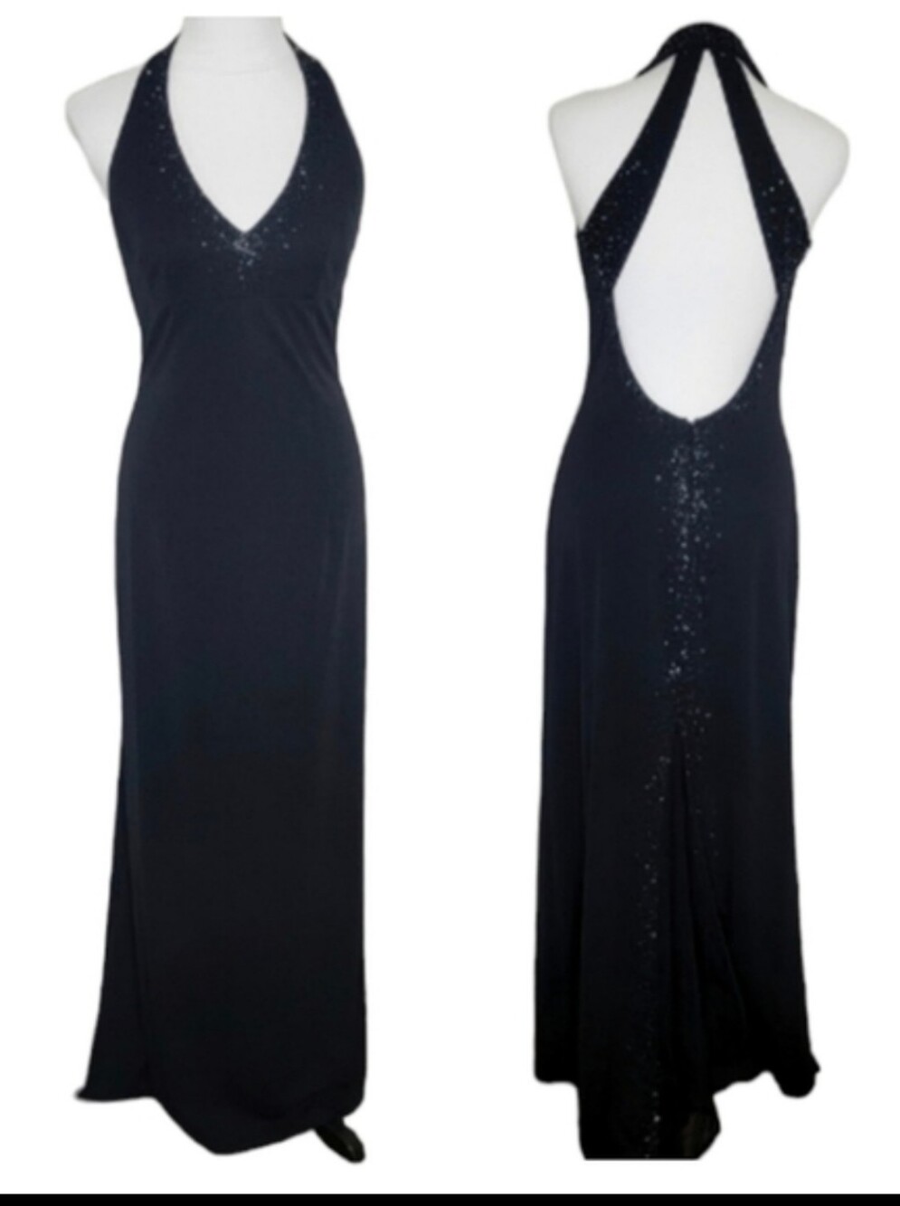 vtg 90s sexy black knit maxi halter back  beaded accents Grunge Whimsigoth Sz 8